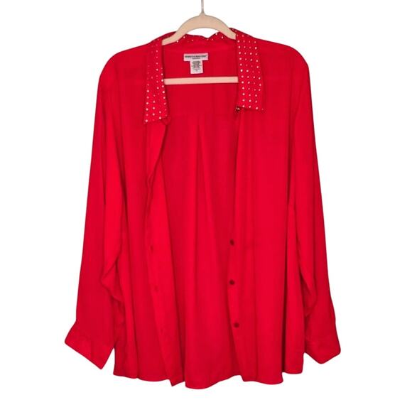 REBECCA‎ MALONE WOMAN Red 1X Button Down Top Blouse Gold Stud Collar Long Sleeve - Picture 2 of 7